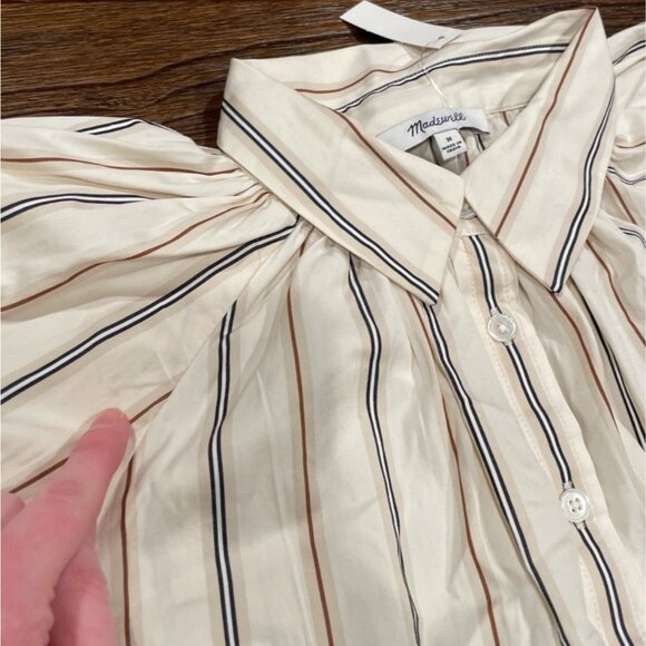 NWT Madewell Sz M Shirred Bubble-Sleeve Button-Up Shirt Poplin Coffee Tan Stripe - Picture 5 of 12